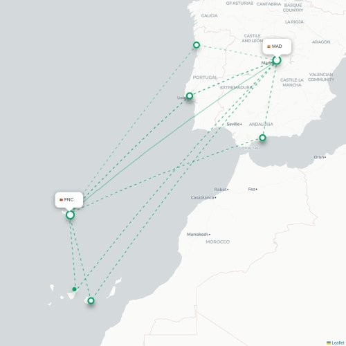 Mapa de vuelo directo Madrid - Funchal