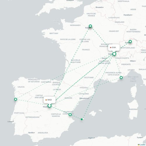 Mapa de vuelo directo Madrid - Ginebra