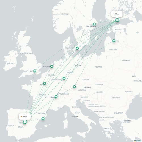 Mapa de vuelo directo Madrid - Helsinki