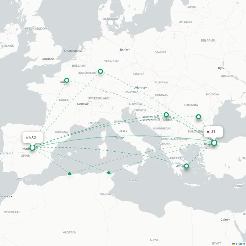 Mapa de vuelo directo Madrid - Estambul