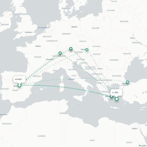 Mapa de vuelo directo Madrid - Míkonos