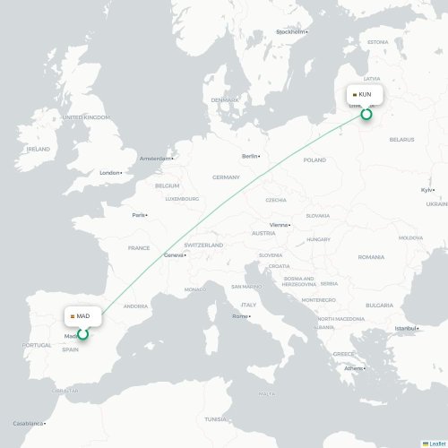 Mapa lotu bezpośredniego Madryt – Kowno