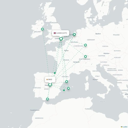 Mapa de vuelo directo Madrid - Londres