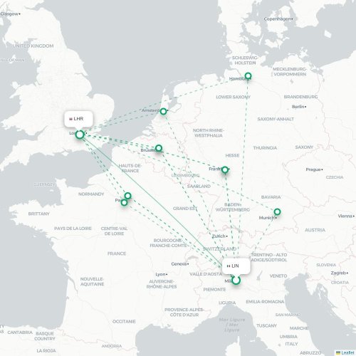 Mapa de vuelo directo Madrid - Londres