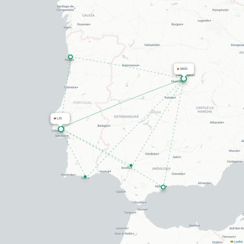 Mapa de vuelo directo Madrid - Lisboa