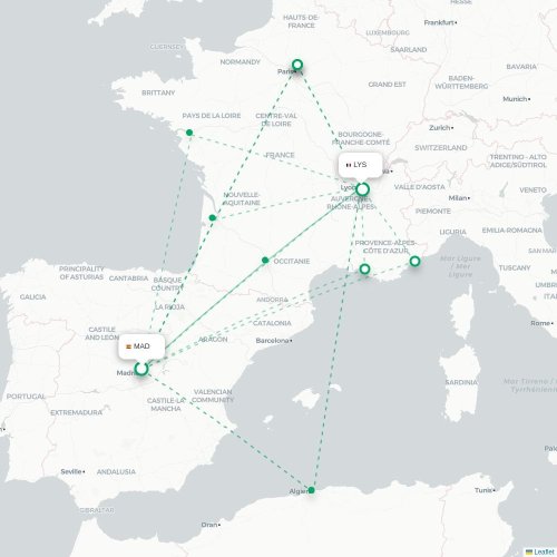 Mapa de vuelo directo Madrid - Lyon