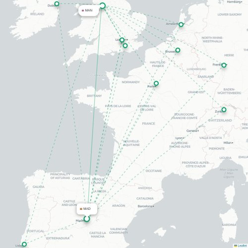 Mapa de vuelo directo Madrid - Mánchester