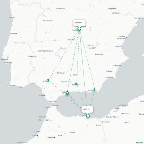Mapa de vuelo directo Madrid - Melilla