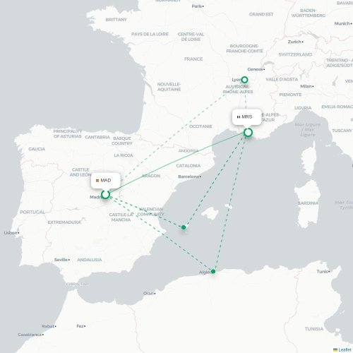 Mapa de vuelo directo Madrid - Marsella