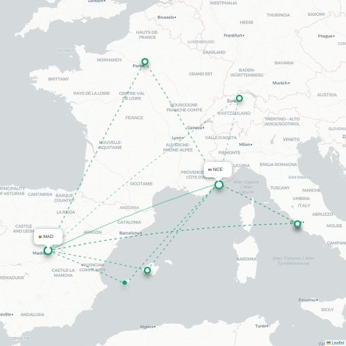 Mapa de vuelo directo Madrid - Niza