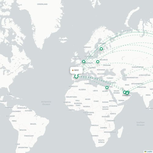 Madryt - Tokio direct flight map