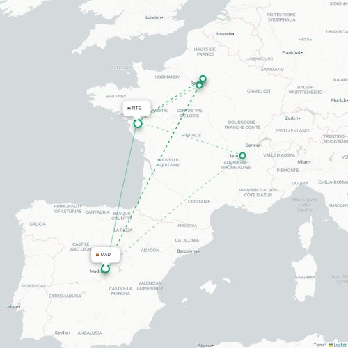 Mapa de vuelo directo Madrid - Nantes