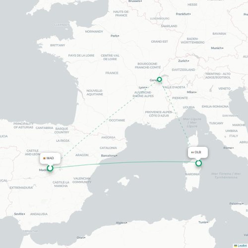 Mapa de vuelo directo Madrid - Olbia