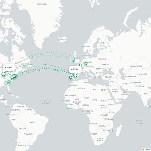 Mapa de vuelo directo Madrid - Chicago