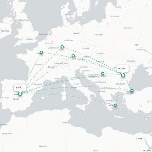 Madrid - Bukarest kort over direkte fly