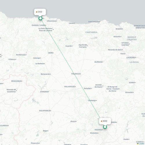 Mapa de vuelo directo Madrid - Oviedo