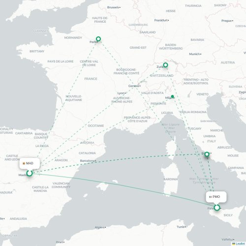 Mapa de vuelo directo Madrid - Palermo