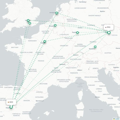 Mapa lotu bezpośredniego Madryt – Praga