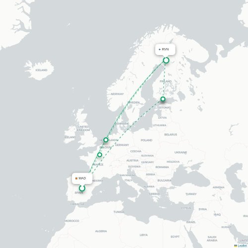 Mapa de vuelo directo Madrid - Rovaniemi