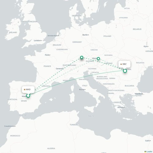 Madrid - Sibiu kort over direkte fly