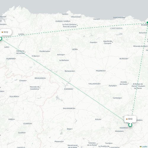 Mapa de vuelo directo Madrid - Santiago de Compostela