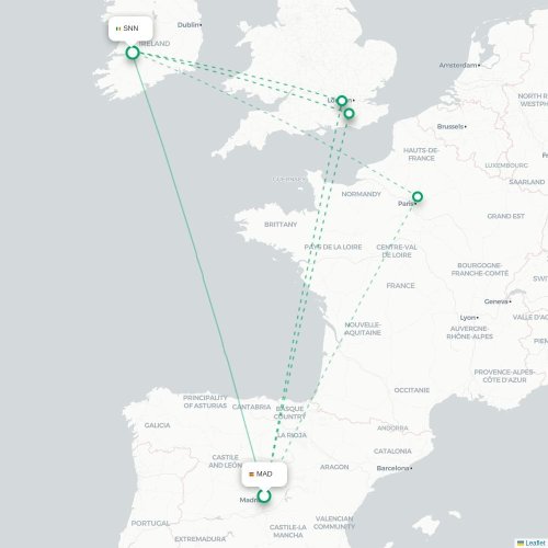 Mapa lotu bezpośredniego Madryt – Shannon