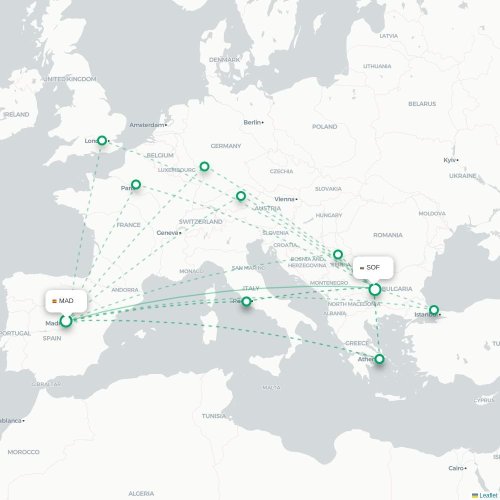 Mapa de vuelo directo Madrid - Sofía