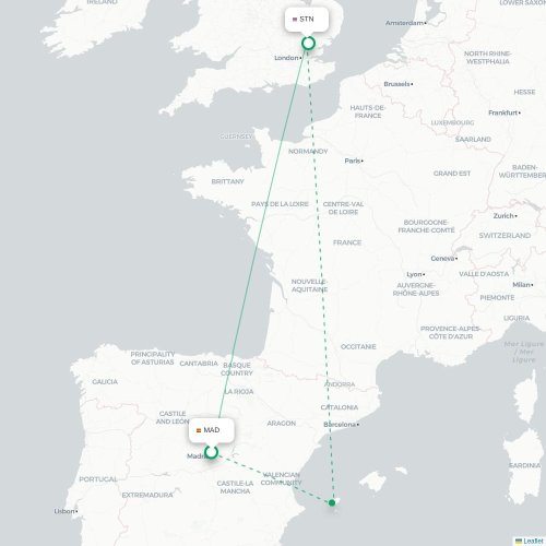 Mapa de vuelo directo Madrid - Londres