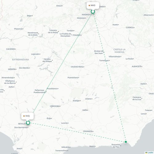 Mapa de vuelo directo Madrid - Sevilla