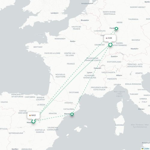 Mapa de vuelo directo Madrid - Estrasburgo