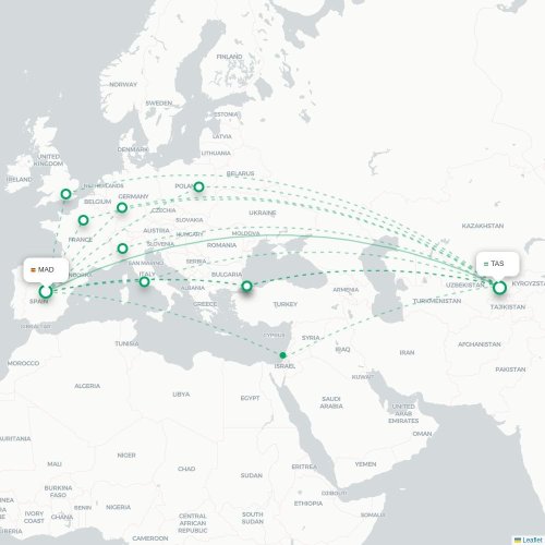 Mapa de vuelo directo Madrid - Taskent