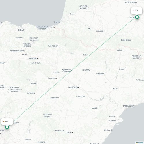 Mapa de vuelo directo Madrid - Toulouse