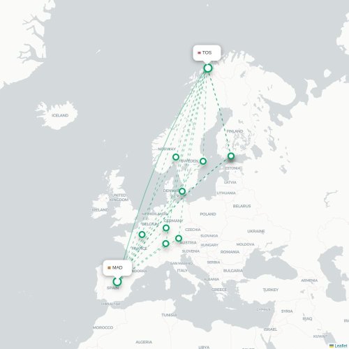 Mapa de vuelo directo Madrid - Tromso