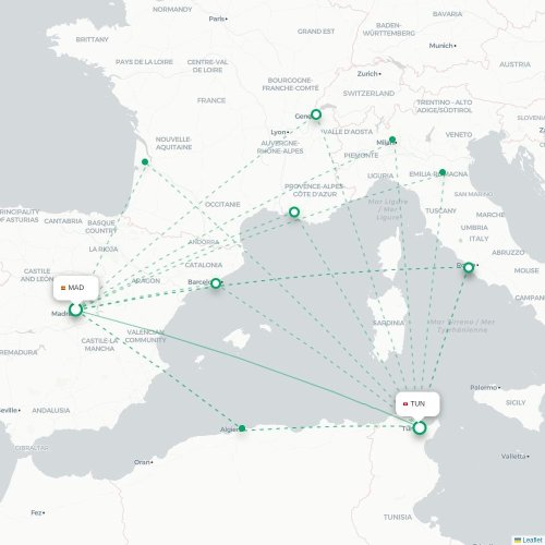 Mapa de vuelo directo Madrid - Túnez