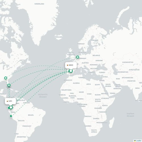 Mapa de vuelo directo Madrid - Quito