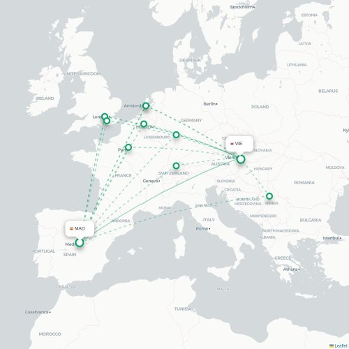 Mapa de vuelo directo Madrid - Viena