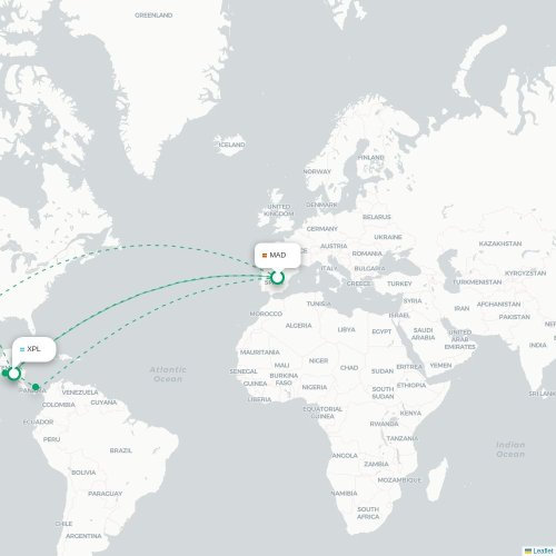 Mapa de vuelo directo Madrid - Comayagua