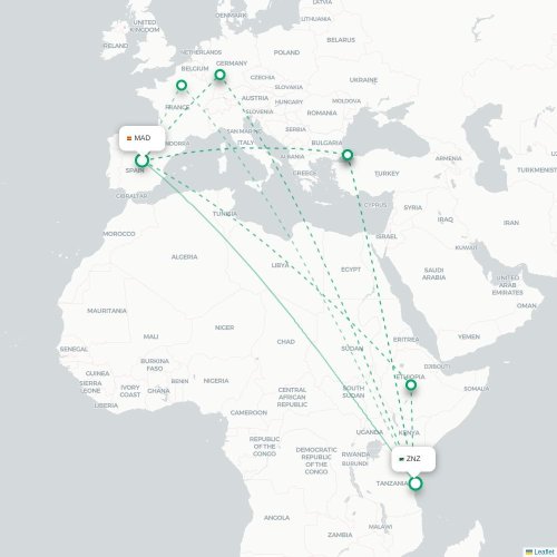 Mapa de vuelo directo Madrid - Zanzíbar