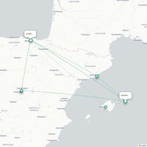 Mapa de vuelo directo Mahón - Bilbao