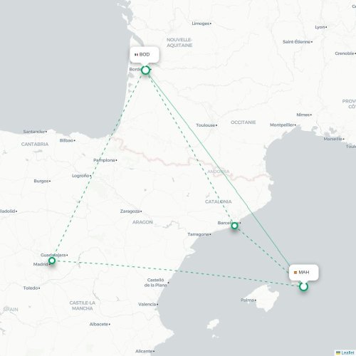 Mapa de vuelo directo Mahón - Burdeos