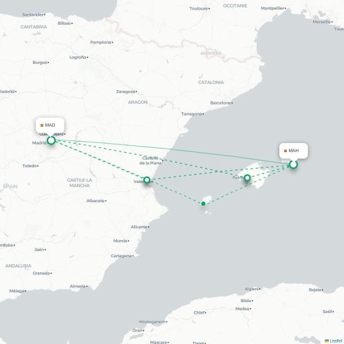 Mapa de vuelo directo Mahón - Madrid