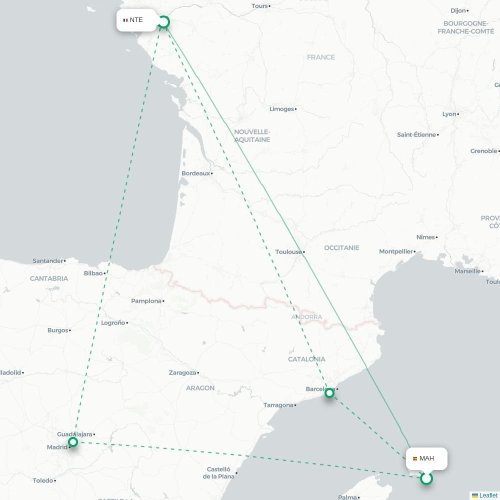 Mapa de vuelo directo Mahón - Nantes