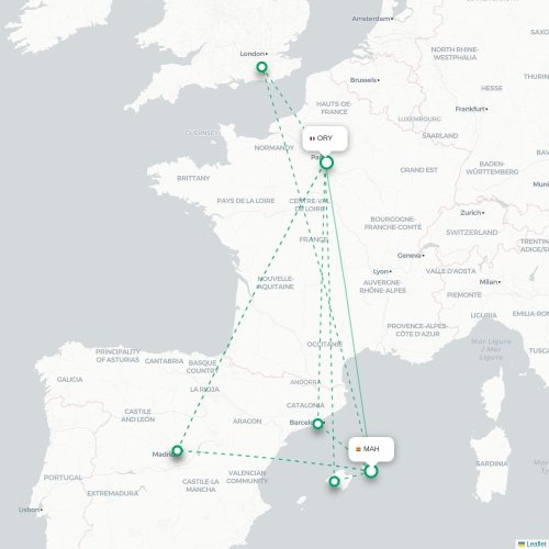 Mapa de vuelo directo Mahón - París