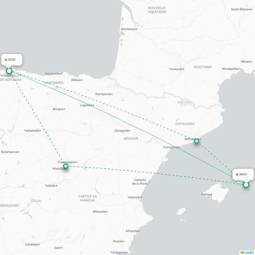 Mapa de vuelo directo Mahón - Oviedo