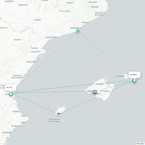 Mapa de vuelo directo Mahón - Valencia