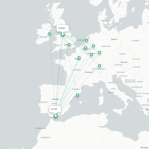 Mapa de vuelo directo Mánchester - Málaga