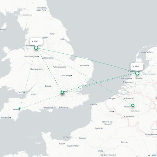 Mapa de vuelo directo Mánchester - Ámsterdam