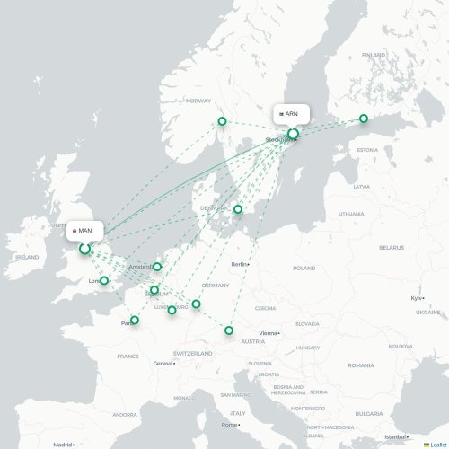 Mapa lotu bezpośredniego Manchester – Sztokholm