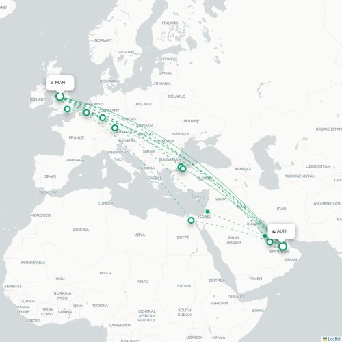 Mapa de vuelo directo Mánchester - Abu Dabi