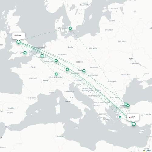 Mapa de vuelo directo Mánchester - Antalya